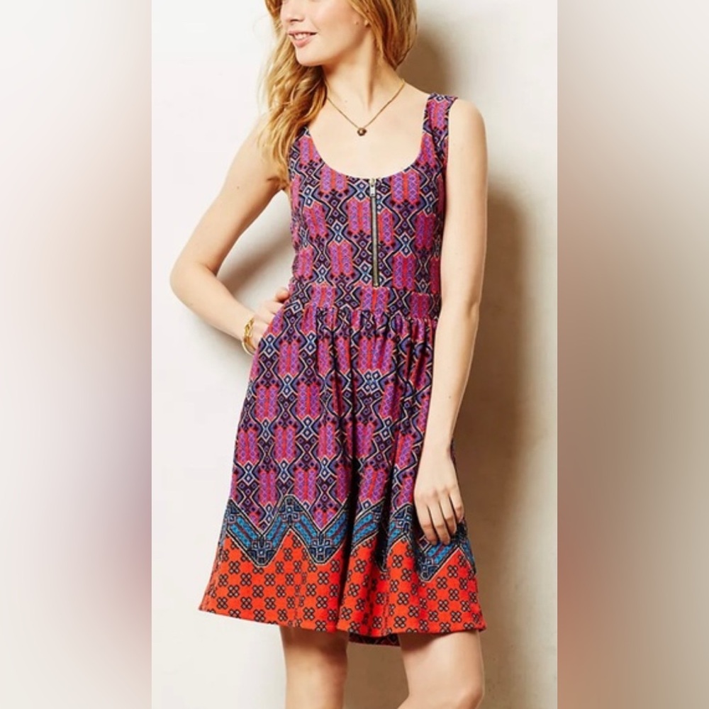 Anthropologie Maeve Pink Geometric Amapola  Flare Dress Pockets 4 P Petite 4P